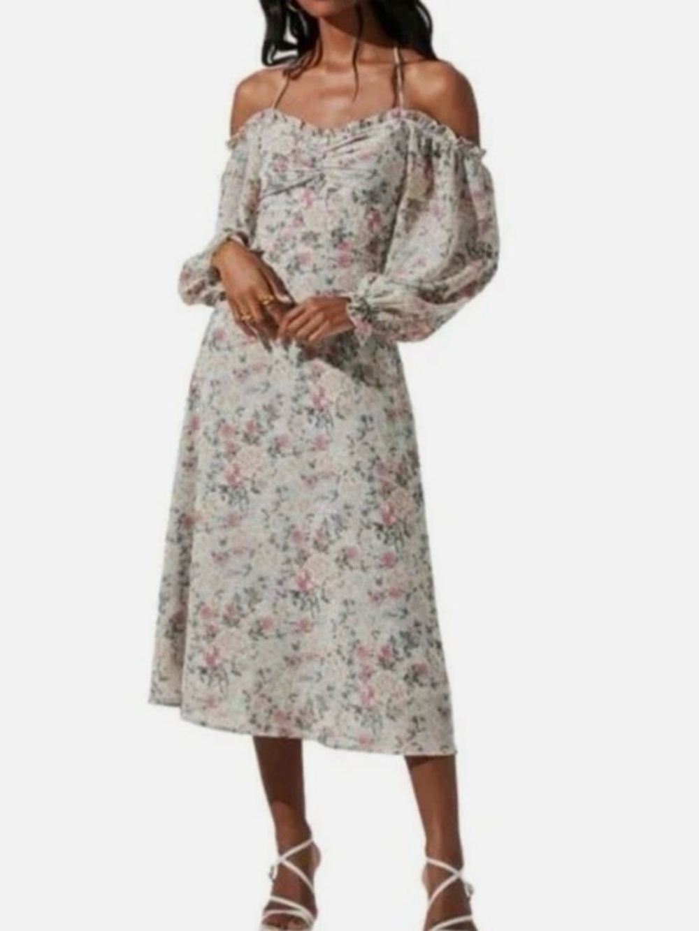 Astr Off-Shoulder Floral Midi Dress in Ivory with Pink & Green Print
